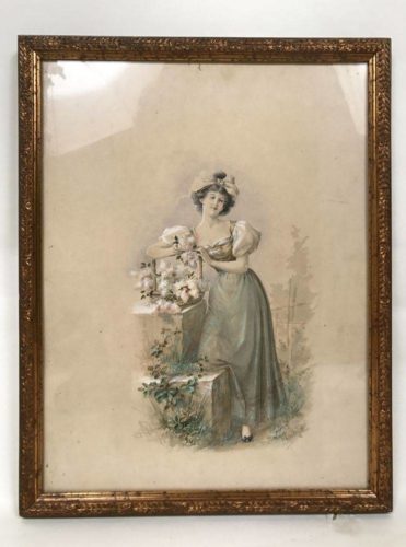 Jeune femme aux fleurs, aquarelle encadrée
