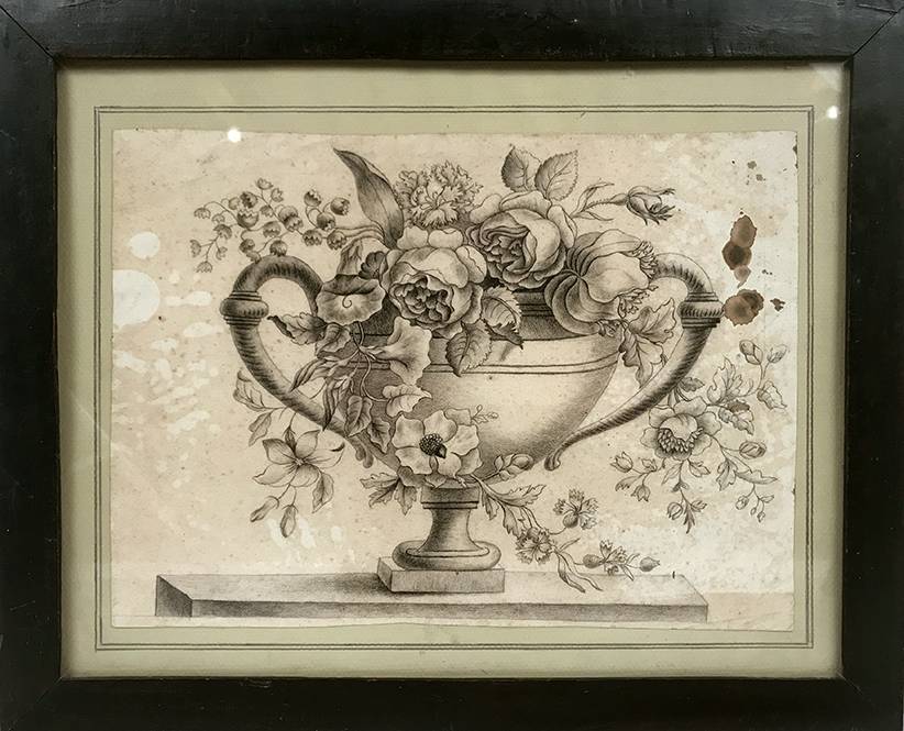 Fleurs dans un vase Medicis, ancien dessin encadré
