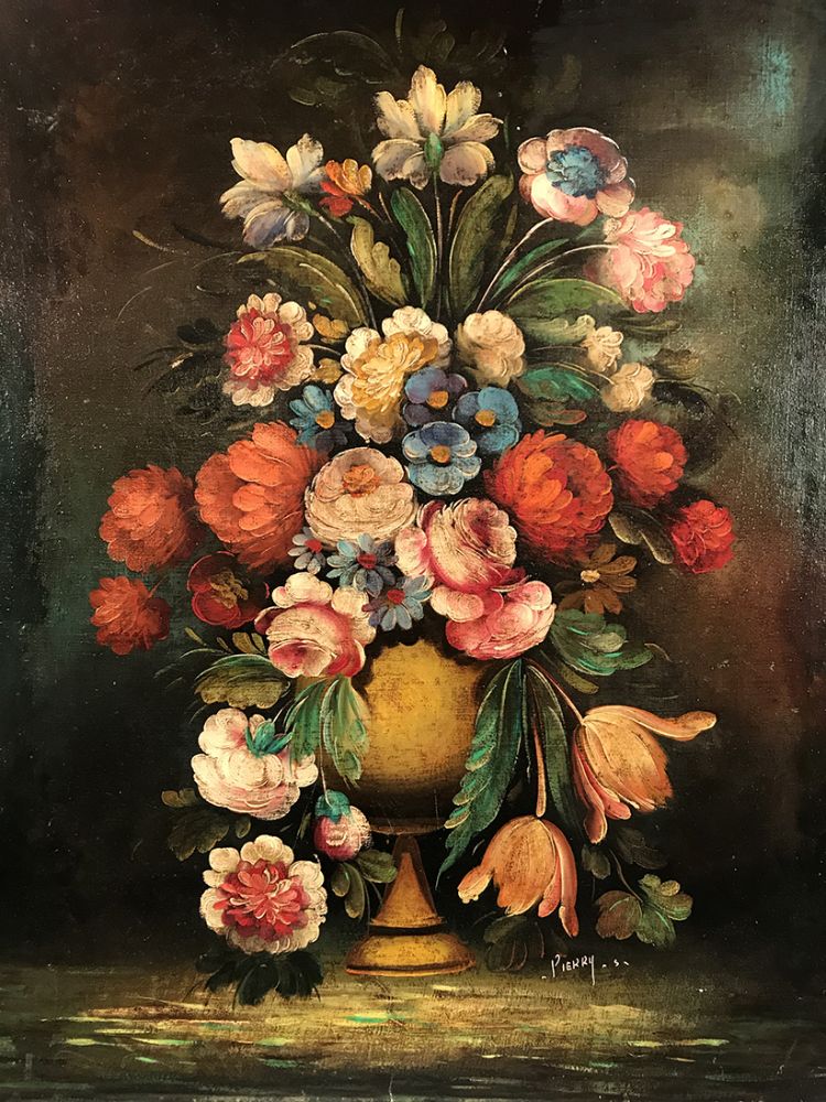 Bouquet de fleurs, huile sur toile marouflée sur panneau